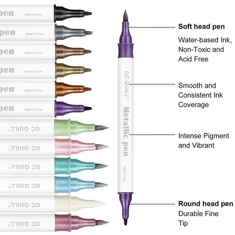 GC QUILL 12 Colors Metallic Marker Pens - Dual Tip Brush and Fine Point Pens for DIY Album, Black Cards, Scrapbooking, Craft Supplies, on Ceramic, Stone, Glass, Fabric GC-MP12 - Image 4